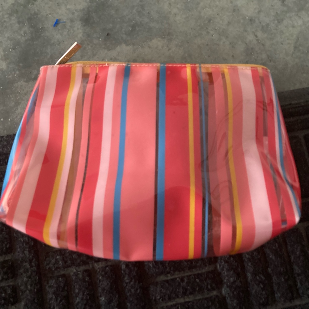Clinique red blue pink yellow stripe clear cosmetic makeup bag organizer plastic